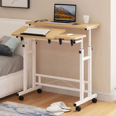 Height Adjust White Frame Metal Study Table With 4 Wheels